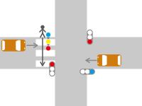 道路中央に安全地帯のない横断歩道上を通行する歩行者と赤信号で進入した自動車が接触した場合の交通事故　